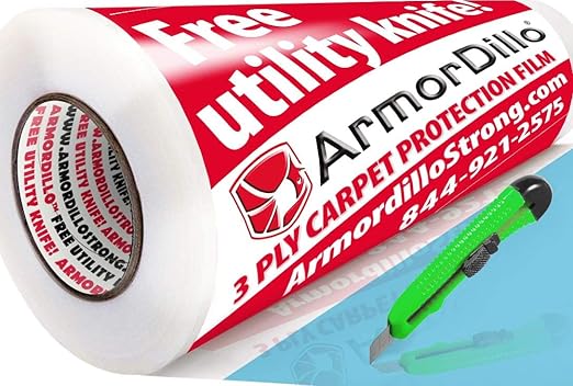 ArmorDillo Super Thick 29.92/roll Heavy-Duty Carpet Film 24" x200'- 8 Rolls/Case. Full 3 Layer-3 Mil-Plus. 100% Formaldehyde-Free Made in USA. Easy Start Roll. Bubble Adhesive, Free Utility Knives