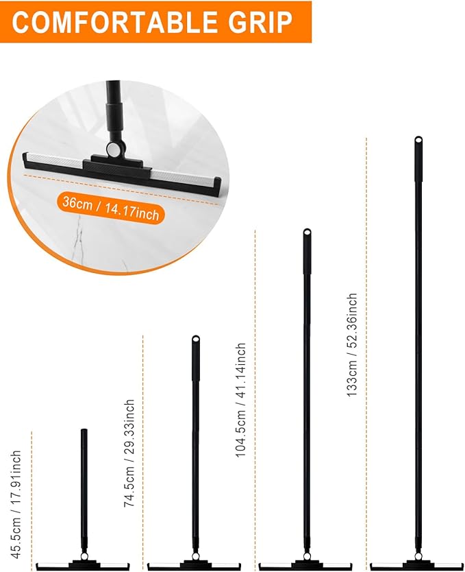 Heavy Duty Floor Squeegee for Concrete Floor– 14.2” Rubber Broom with Cloth Clip Design, 52” Extendable Window Cleaner, Squeegee Broom for Floor, Bathroom, Garage, Tile,Patio &Shower