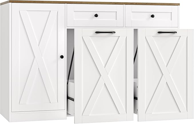HOSTACK 12.5 Gallon Kitchen Trash Cabinet, 47" Double Trash Can Cabinet, Large Pull Out Can Storage Drawers, Wood Farmhouse Hidden Garbage Storage Buffet for Kitchen, Dining Room, White