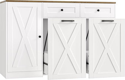 HOSTACK 12.5 Gallon Kitchen Trash Cabinet, 47" Double Trash Can Cabinet, Large Pull Out Can Storage Drawers, Wood Farmhouse Hidden Garbage Storage Buffet for Kitchen, Dining Room, White