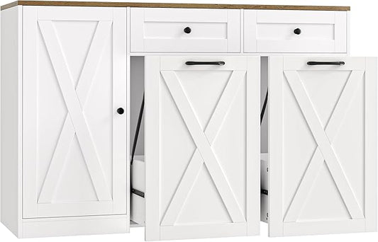 HOSTACK 12.5 Gallon Kitchen Trash Cabinet, 47" Double Trash Can Cabinet, Large Pull Out Can Storage Drawers, Wood Farmhouse Hidden Garbage Storage Buffet for Kitchen, Dining Room, White