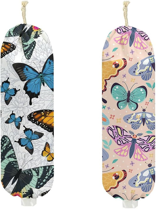 2Pcs Butterfly Plastic Bag Holder, Wall Mount Grocery Bag Holder for Plastic Bags, Colorful Butterflies Washable Grocery Bags Storage Dispenser for Home Kitchen Decor, Butterfly Gifts for Women Mom