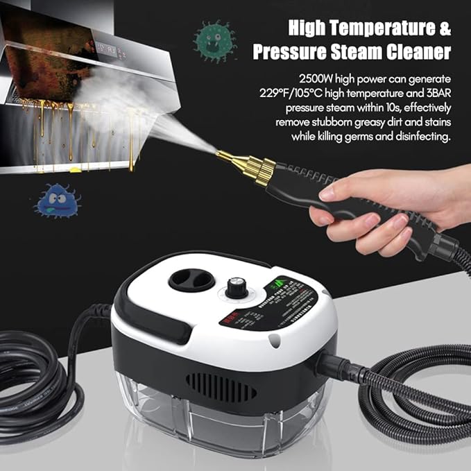 2500W Handheld Steam Cleaner High Temperature Pressurized Steam Cleaning Machine Portable Car Steamer with Brush Heads (White)