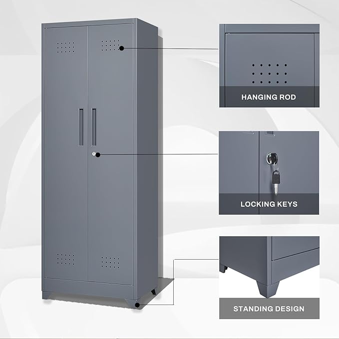 65" H Metal Storage Cabinet,Broom Closet Storage Cabinet with Adjustable Shelves,Locking Steel Cabinets with Pegboard and Hanging Rod,Utility Closet for Brooms and Mops,Grey