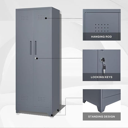 65" H Metal Storage Cabinet,Broom Closet Storage Cabinet with Adjustable Shelves,Locking Steel Cabinets with Pegboard and Hanging Rod,Utility Closet for Brooms and Mops,Grey