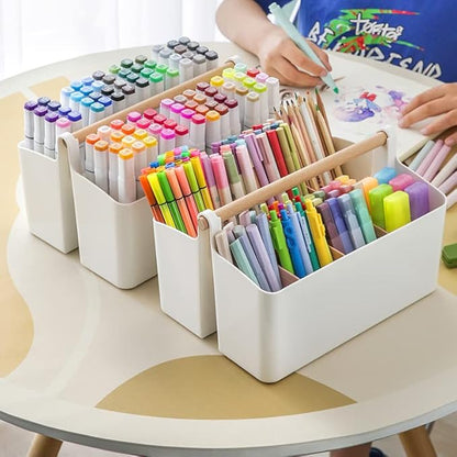 Vidifor Large Plastic Portable Caddy with Handle, Storage Organizer Bin with Adjustable Dividers for Art Supplies, Crafts, Colored Pencils, Makeup Desk