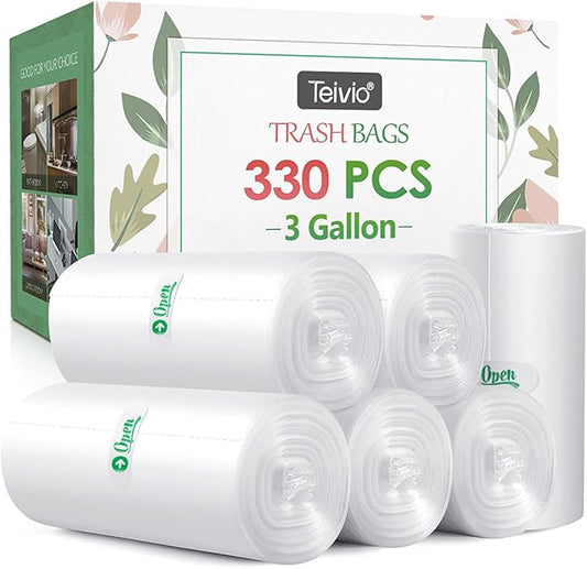 3 Gallon 330 Counts Small Trash Bags 3 Gallon 3.1 Gallon 3.2 Gallon fit 10 liter Garbage Bags by Teivio, Waste Basket Bags,Bathroom Trash Can Bin Liners, Plastic Bags for home office kitchen, Clear
