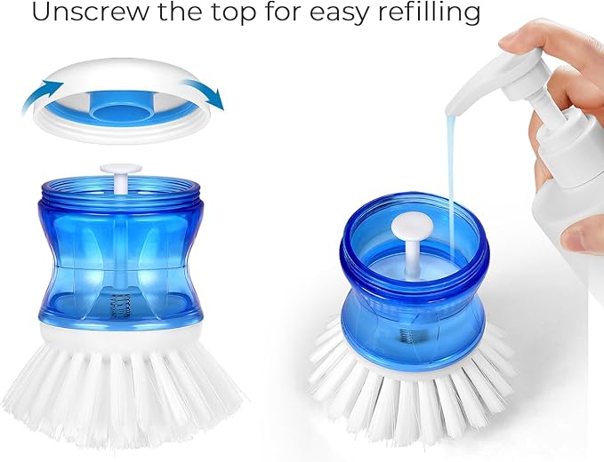 Dish Brush with Soap Dispenser, Firm Bristles Dish Scrubber for Pots, Pans & Sink Cleaning, 2 Pack