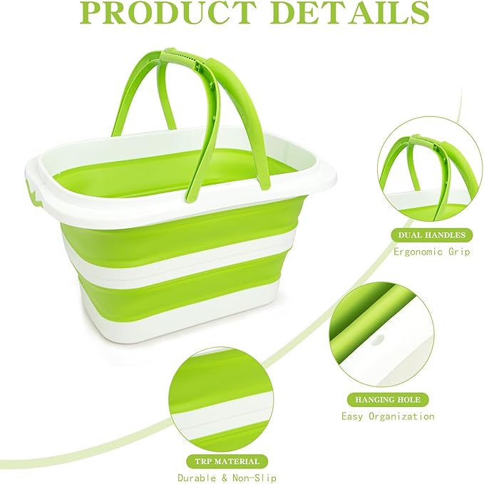 Large Collapsible Bucket for Cleaning, 4.2 Gallon (16L) Silicone Bucket with Handle & Hanging Hole, Foldable Space-Saving Mop Bucket for Home, Storage. Car Wash, Camping, Beach (Green White)