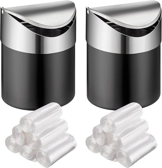 2 Pcs Desk Trash Can with Swing Lids, 12 Rolls of Trash Bags, 2L Brushed Stainless Steel Countertop Garbage Bin Small Wastebasket with Lid for Office Desk, Coffee Table(Matte Black)