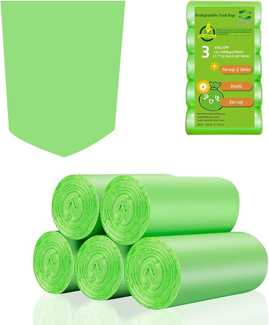3 Gallon Biodegradable Trash Bags - Inwaysin Compostable Small Garbage Bag Strong Thick Unscented Recycling Kitchen Can Liners for Home/Office/Bathroom Waste Basket (Green, 100 Counts)
