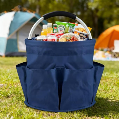 17L Collapsible Cleaning Caddy with Handle - Heavy Duty Oxford Cleaning Supplies Organizer - Multi-Pocket Foldable Storage Bucket for Housekeeping, Car Wash, Gardening & Camping (Navy Blue)