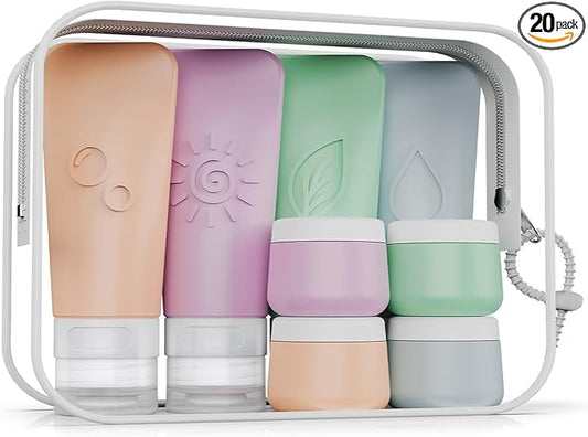 20-Piece Silicone Travel Bottles Set – TSA Approved Leakproof Toiletry Kit with Flat Easy-Squeeze Bottles, Tactile Icons, Cream Jars, Pump & Spray, Cleaning Brush