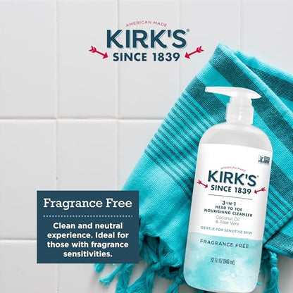 Kirk's Fragrance Free 3-in-1 Nourishing Cleanser, Shampoo Body Wash Bubble Bath, Coconut Oil and Aloe Vera, Vegan Non-GMO, 32 Fl Oz