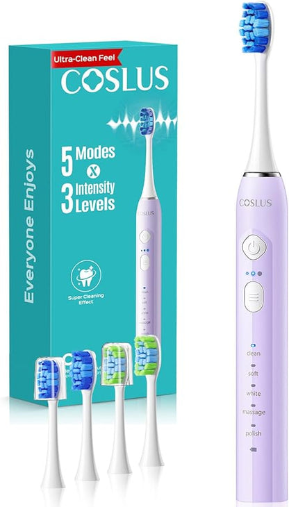 COSLUS C30 Electric Toothbrush for Adults & Kids: 3 Intensities & 5 Modes for Effective Yet Gentle Ultra-Clean Feel, 2 Types of Heads for Gentle & Daily Care, Travel & Family Use, Purple, 1PC