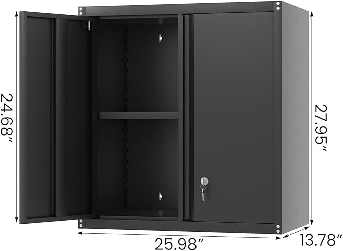Garage Wall Cabinets,Metal Wall Cabinet for Garage with Locking Doors,Locking Storage Cabinet with Shelf,Wall Mount Cabinet for Home Office,Utility Room,Black