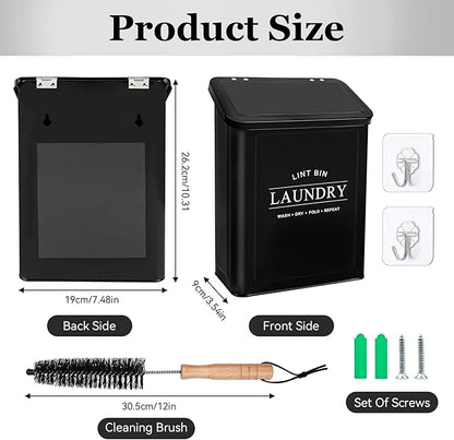 Fantasyon Magnetic Lint Bin with Lint Brush for Laundry Room Decor Farmhouse Rustic Metal Wall Mounted Lint Box Holder Keeper Organization Lint Trash Can with lid for Dryer (black)