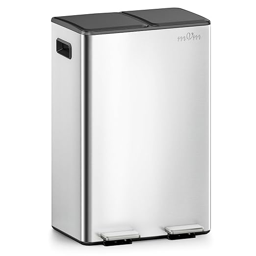 mVm Kitchen Trash Can, 16(2x8) Gal Dual Compartment Recycle Bin, Stainless Steel Garbage Bin for Home Kitchen Office (Silver)