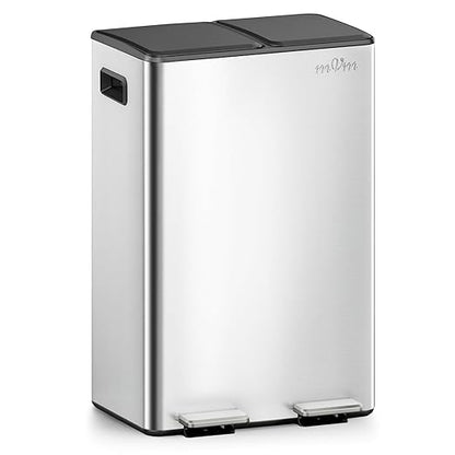 mVm Kitchen Trash Can, 16(2x8) Gal Dual Compartment Recycle Bin, Stainless Steel Garbage Bin for Home Kitchen Office (Silver)