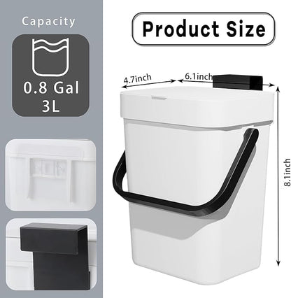 Compost Bin Kitchen, for use on Countertops or Under Sinks, Hanging Trash Can with Lid, Mountable Indoor Compost Bucket, for Cupboard/Bathroom/Bedroom/Office/Camping (White 0.8 Gallon/3L)