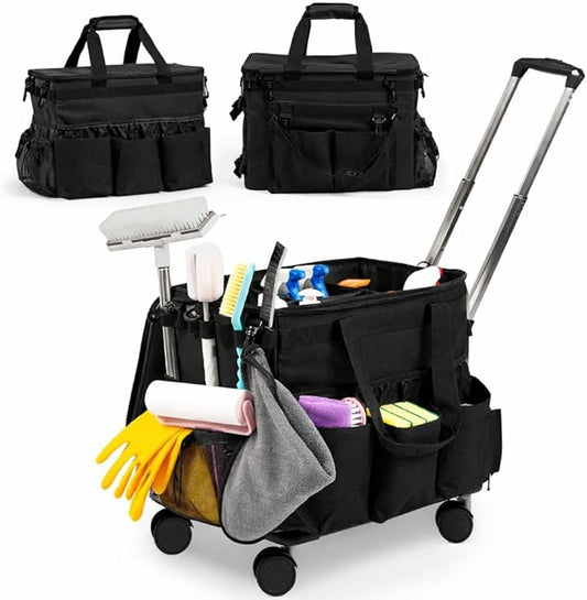 Large Rolling Cleaning Caddy Bag w/Detachable Trolley & Lid - Portable Cleaning Cart on Wheels w/Shoulder Strap & Waist Pouch - Cleaning Supplies & Tool Organizer for Home, Office, Car (Black)