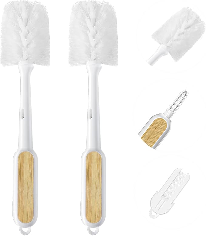 SUBEKYU Water Bottle Brush Cleaner Set - 2 Pack 3 in 1 Long Bamboo Handle Cleaning Brush with Bottle Brush, Nipple & Bottle Mouth Scrubber Brush for Cleaning Baby Bottles, Cups, Mugs, Tumbler, Thermos