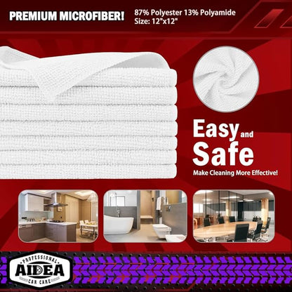 AIDEA Microfiber Cleaning Cloth White, 400PK, Microfiber Towels for Cars, Shop Towels Cleaning Rags, Premium Wash Cloths, Absorbent Towel for SUVs, House, Kitchen, Commercial, Cleaning Supplies 12×12"