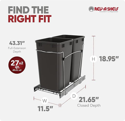 Rev-A-Shelf Double 27 Qt Pullout Trash Can for Base Kitchen Cabinets, Garbage Waste Bin System with Full Extension Slides, Min Opening Width of 11.5", Orion Gray, RV-15KD-13C-S