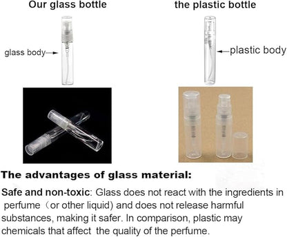 Elfenstall- 50pcs Mini 5ml Fine Mist Glass Refillable Perfume Empty Bottle Atomizer Pump Spray for Travel Party Glass Clean Cloth + Free 5PCS 3ML Dropper