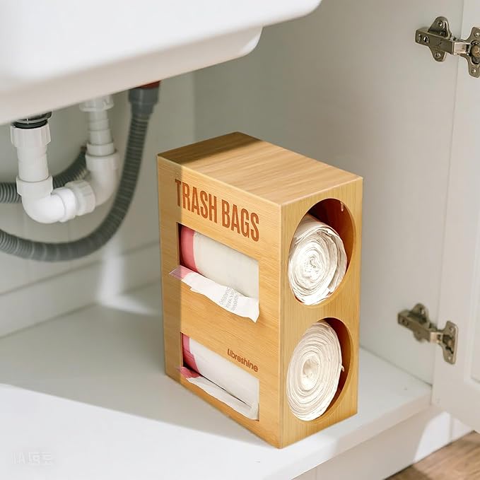 Libreshine Extra Large Bamboo 2-in-1 Trash Bag Dispenser & Roll Holder – Fits Costco Kirkland & Members Mark Jumbo Rolls, Wall/Under-Sink/Cabinet Mountable, Dual-Slot Storage for 2 Rolls