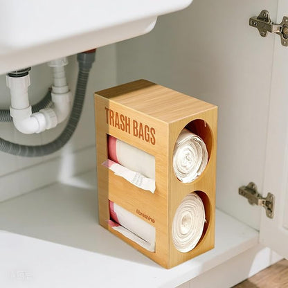 Libreshine Dual Roll Bamboo Trash Bag Dispenser & Grocery Bag Holder, 2-Compartment Organizer for 13–33 Gallon Rolls (Fits Up to 5.2”Dia), Wall Mount or Under Sink, Stackable Storage