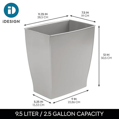 iDesign Small Plastic Bathroom Trash Can, Slim Rectangle Garbage Bin for Bedroom, Office, Dorm, 2-Pack, Gray