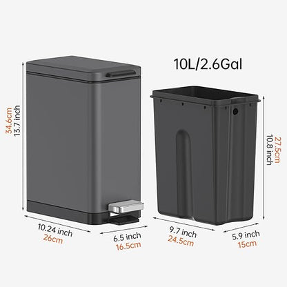 Mbillion Bathroom Trash Can with Lid Slim Stainless Steel Small Bathroom Garbage Can 10 Liter, 2.6 Gallon Soft Close, Step Pedal, Slim Wastebasket for Toilet, Office, Bedroom,Dark Grey