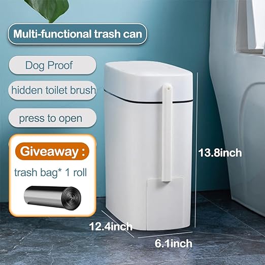 Bathroom Trash Can with Lid, 14 Liter/ 3.7 Gallon Bathroom Trash Can and Toilet Brush Set for Restroom, Bedroom, Living Room, Office, White Lid