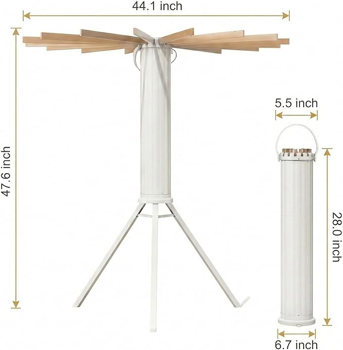 Clothes Drying Rack Foldable, Portable Laundry Drying Rack for Clothes with 16 Wooden Rods & 48 Windproof Slots, Collapsible Tripod Dry Rack for Apartment, RV, Balcony
