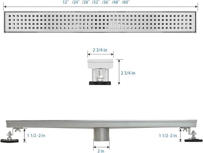 SaniteModar Linear Shower Drain, Shower Drain 36 inch with Removable Square Hole Panel, AISI Brushed 304 Stainless Steel Shower Floor Linear Drain with Adjustable Feet and Hair Strainer
