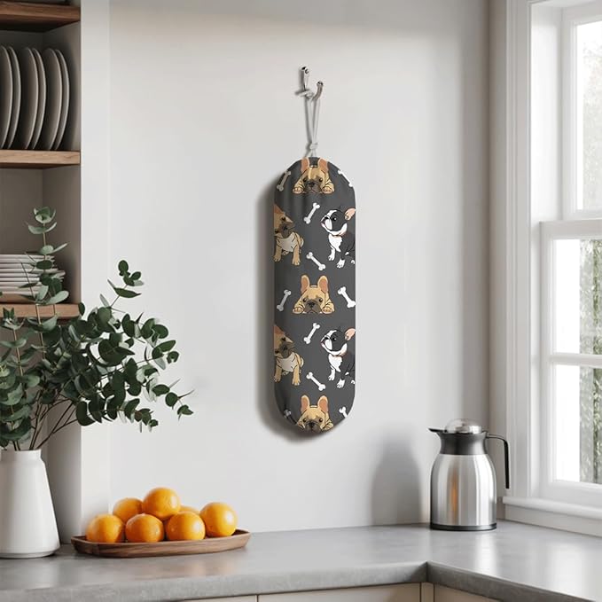 Dogs Plastic Bag Holder, Reusable Washable Shopping Bags Storage Carrier, Animal Prints Fabric Garbage Trash Bag Dispenser for Home Kitchen Pantry Cabinet, Wall Mount, Housewarming Gifts for Dog Mom