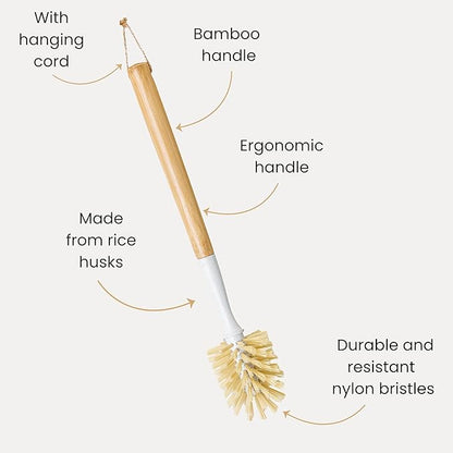 Vigar Zeroline 13.9" Bamboo Bottle Brush With Long Handle - Water Bottle Brush for Glassware, Tumblers, Jars and Vases, Kitchen Dish Scrubber, Wooden Bottle Cleaner, Dish Brush for Sink, Kitchen Brush