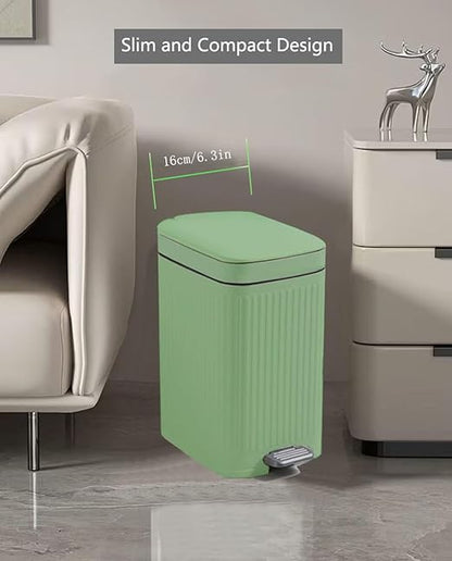 Feisco Small Trash Can with Lid,Small Bathroom Trash Can with Foot Pedal and Press Type Lid,Slim Step-On Trash Bin Wastebasket Garbage Can for Kitchen,Bathroom Office, Bedroom (Green, 1.8 Gallon)