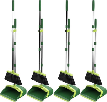 Broom and Dustpan Set, 52-in Long Adjustable Handle Broom Dustpan Combo with Dust pan Teeth to Automatically Clean Hair Suitable for Home Kitchen Office Hall Floor (Green), 4 Pack