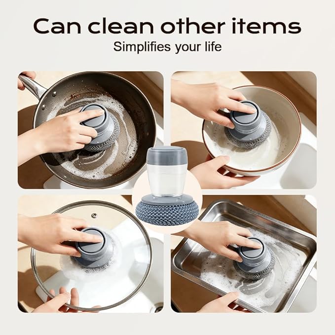 Comfort Grip Soap Dispensing Kitchen Scrub, 2026 New Dish Brush Soap Dispenser, Built-in Liquid Dispenser, with Replaceable Nylon/Wire Bristles (2 Steel Wire Brushes + 4 Accessories)