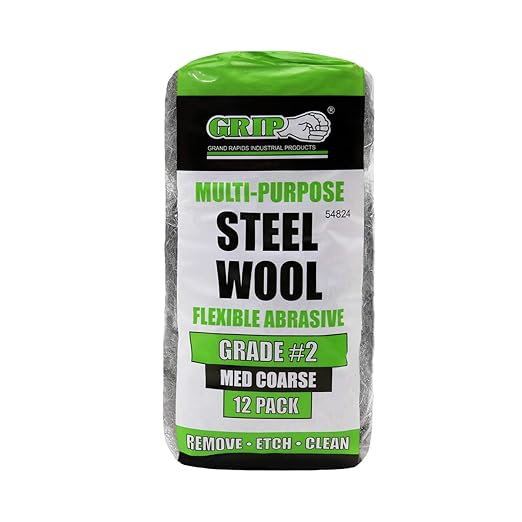 Grip Multi-Purpose Steel Wool Flexible Abrasive 12 Pack (Med Coarse #2) - Remove Paint on Molding/Corners, Wax Build-up, Scuff Marks on Floors - Etch Porcelain/Metal Surfaces - Home, Garage, Workshop