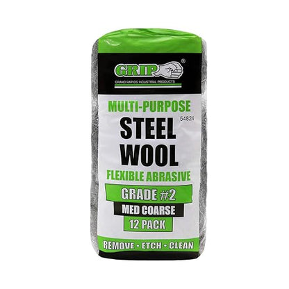 Grip Multi-Purpose Steel Wool Flexible Abrasive 12 Pack (Med Coarse #2) - Remove Paint on Molding/Corners, Wax Build-up, Scuff Marks on Floors - Etch Porcelain/Metal Surfaces - Home, Garage, Workshop
