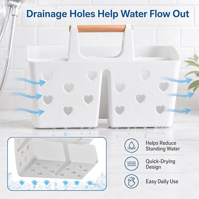 White Portable Shower Caddy Basket with Handle, 3-Compartment Plastic Shower Tote with Drain Holes, Cute Bathroom Organizer for College Dorm, Shared Bathroom, Gym, Travel, Skincare & Cleaning Supplies