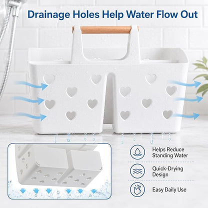 White Portable Shower Caddy Basket with Handle, 3-Compartment Plastic Shower Tote with Drain Holes, Cute Bathroom Organizer for College Dorm, Shared Bathroom, Gym, Travel, Skincare & Cleaning Supplies