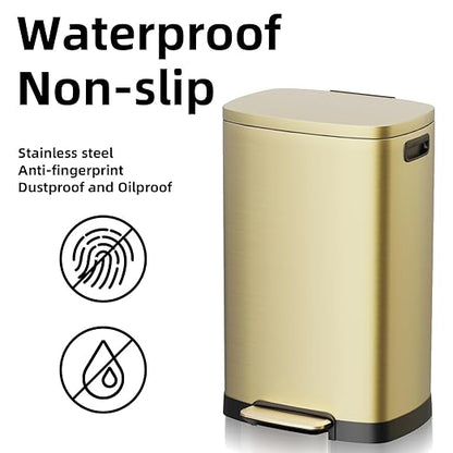 KdbK 13 Gallon Trash Can with Lid, 50L Fingerprint Proof Stainless Steel Kitchen Trash Can with Removable Inner Bucket and Lid Soft Close, Pedal Rubbish Bin for Home Office, Gold