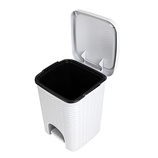 Superio Mini 6L Step Pedal Trash Can - Wicker Design, Hidden Mechanism, Durable Plastic, Ideal for Desktop, Countertop, Pet Waste/Dog Poop - White