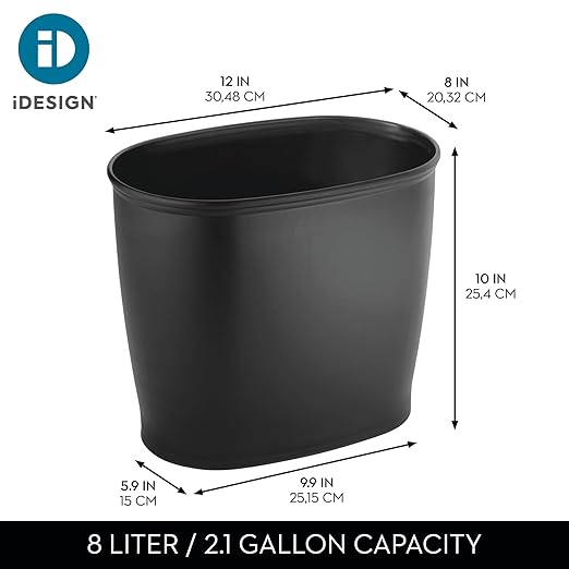iDesign Slim Plastic Bathroom Trash Can, Small Garbage Bin for Bedroom, Office, Desk, Dorm, 2-Pack, Black
