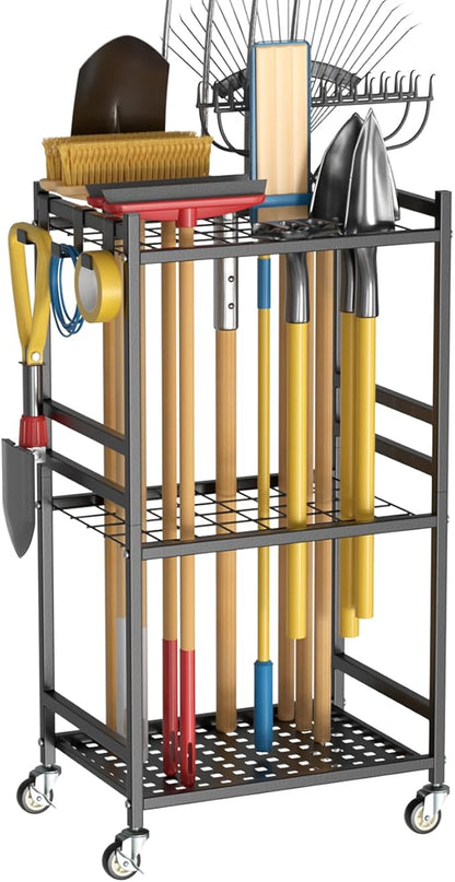Heavy Duty Garden Tool Rack with Wheels Freestanding Organizer Holds Up to 40 Long Tools – Rakes, Shovels, Brooms, Metal Yard Tool for Garage, Shed & Outdoor Storage, Black