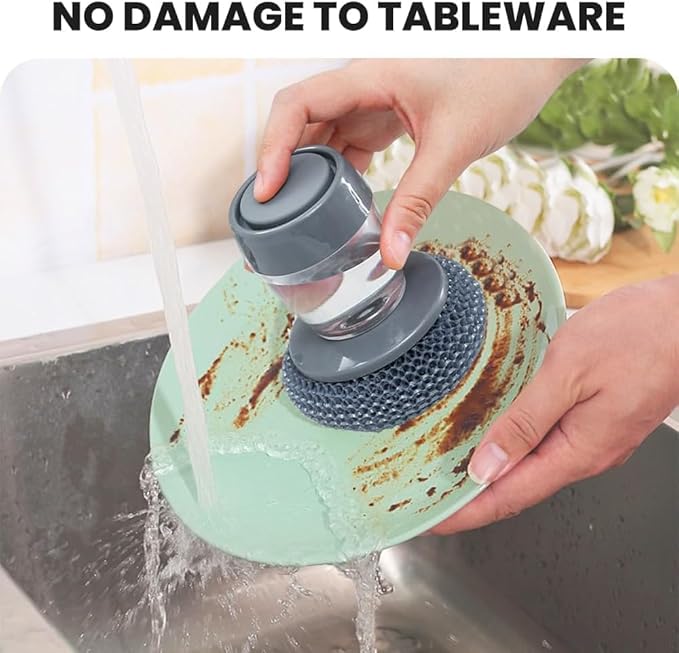 Multifunctional Pressing Cleaning Brush, Kitchen Soap Press Dispensing Brush, Metal Sponge with Detergent Dispenser (Stainless Steel)